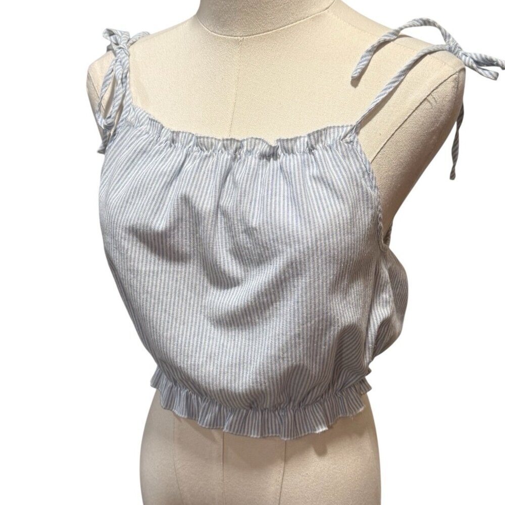 Brandy Melville Womens One Size Tie Shoulder Blue White Striped Cropped Tank Top